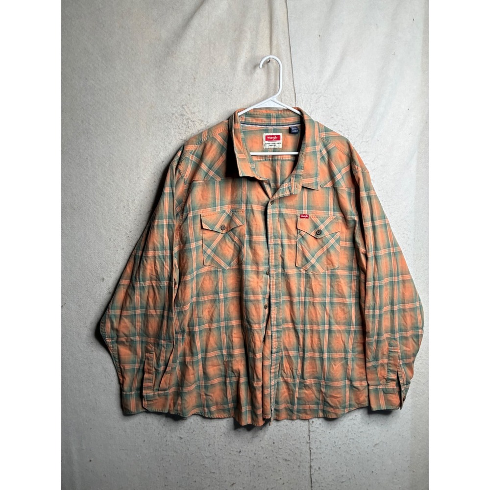 Wrangler Mens 3XL Orange Green Plaid Button Down Shirt Long Sleeve Glasses Wipe